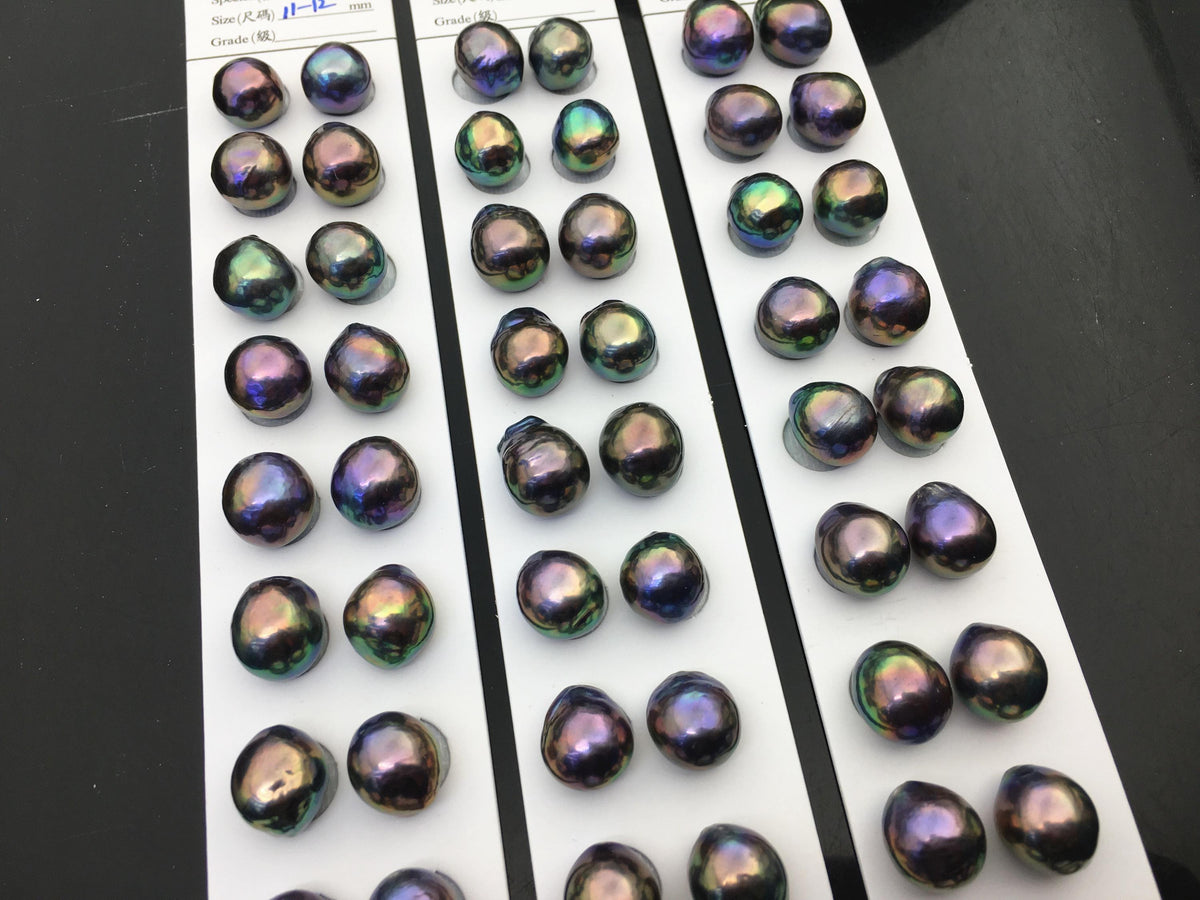 5 pairs AAA 11-12mm Black Rainbow baroque drop edison freshwater pearl Pair,top half hole,ED11-3A-2-26
