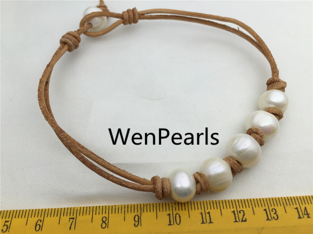 Big Pearl, 5 pearls bracelet, High Luster pearl, Pearl Leather bracelet, freshwater pearl bracelet, Black Leather Pearl bracelet, Le7-068