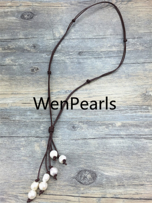 baroque pearls Drop leather necklace, wholesale, Select leather color, Leather Pearl necklace, Leather baroque pearl necklace, Le1-012