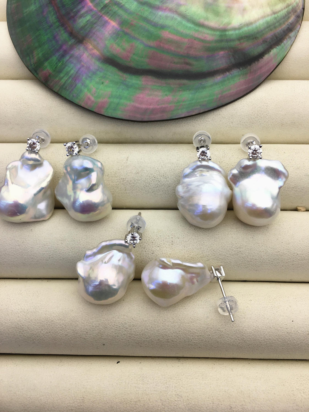 1 pair AAA 13-16mm flame ball pearl diamond stud earrings, sterling silver, earring with white baroque Natural Pearl, SE3-031-16