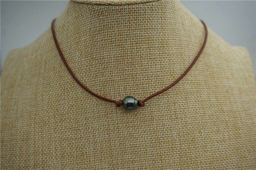 10-12mm Tahitian hand rolled and knotted leather necklace, men or women choker, Black Leather Pearl necklace, BROWN, LIGHT BROWN, Le11-009