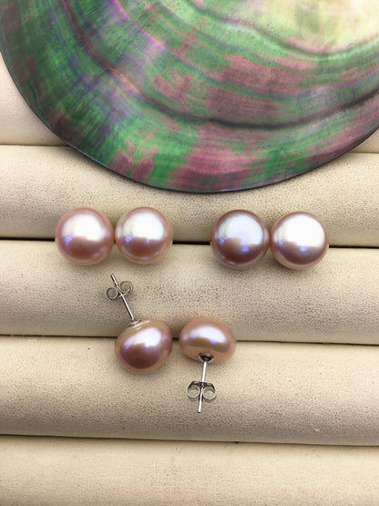 1 pair AAA 11-12mm purple button round Pearl Stud Earrings, freshwater pearl earrings, classic pearl studs, SE1-069-23