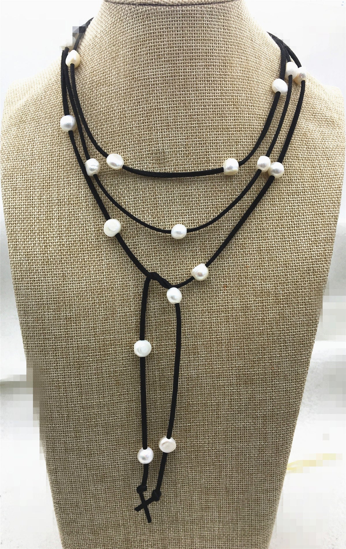 68 inches White Nugget Freshwater Pearl Wrap Bracelet Necklace Anklet on Black Brown Gray Suede Cord Multi Strands for Women, Le15-004