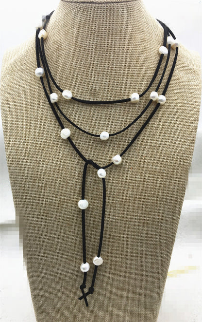 68 inches White Nugget Freshwater Pearl Wrap Bracelet Necklace Anklet on Black Brown Gray Suede Cord Multi Strands for Women, Le15-004