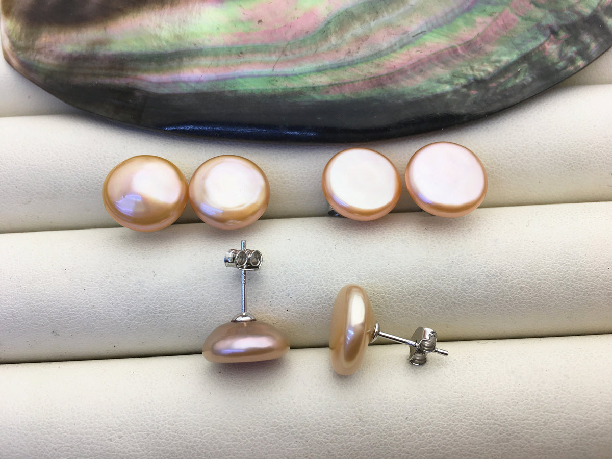 1 pair AAA 12-13mm Pink Orange Coin Fresh Water pearl stud earrings,S925 Sterling Silver,dangle pearl earrings,SE3-T27