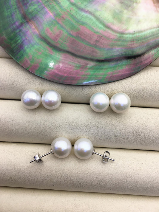 AAA- 9-10mm white round pearl stud earrings,cultured pearl beads,natural pearls,SE3-037