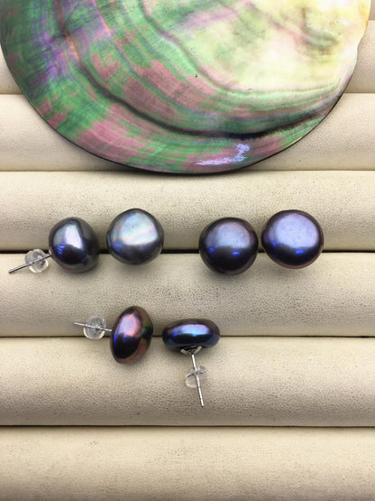 AA+ 13-14mm big black blue button round Pearl Stud Earrings, freshwater pearl earrings, classic pearl studs, SE1-069-34