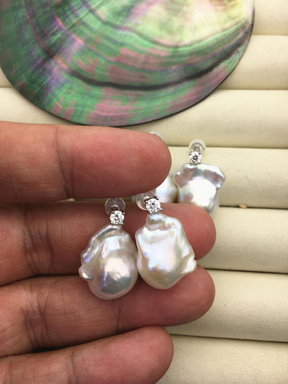 1 pair AAA 13-16mm flame ball pearl diamond stud earrings, sterling silver, earring with white baroque Natural Pearl, SE3-031-16