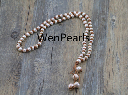 11mm Button Freshwater pearl and leather necklace, Baroque Freshwater Pearl Necklace, white pearl necklace, wholesale, Le3-014