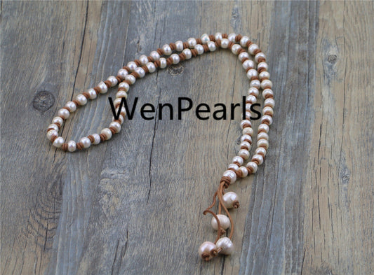 11mm Button Freshwater pearl and leather necklace, Baroque Freshwater Pearl Necklace, white pearl necklace, wholesale, Le3-014