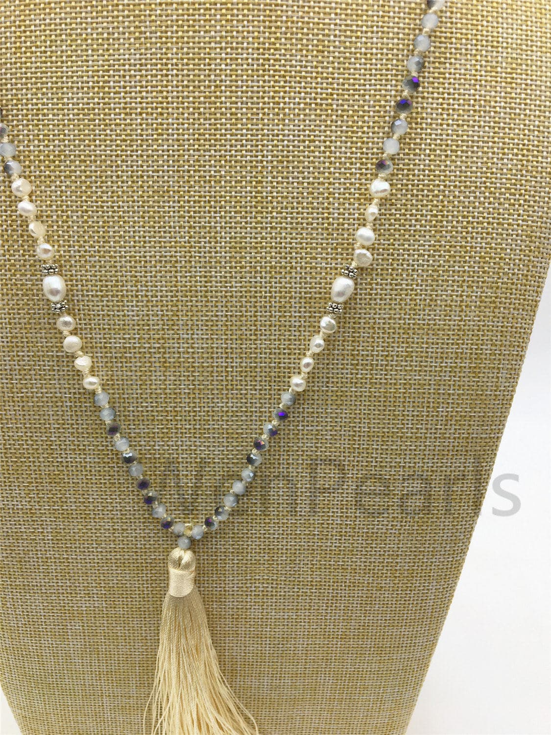 32'' pearl and gray crystal necklace,high luster freshwater pearls,freshwater pearl,rice pearl,wholesale,NPN5-001-3