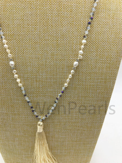 32'' pearl and gray crystal necklace,high luster freshwater pearls,freshwater pearl,rice pearl,wholesale,NPN5-001-3