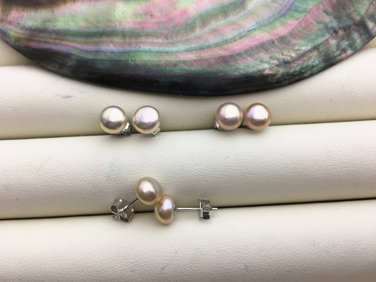 1 pair AAA 7-7.5mm Natural Golden Color Pearl earrings, stud pearl earrings, Sterling Silver, bridal, SE1-029