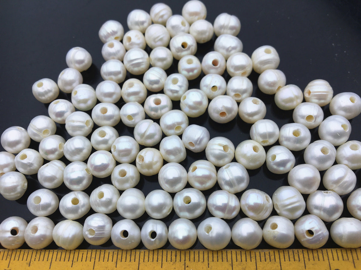 50 pcs AA 7mm White Potato Freshwater Pearls, 1.6mm/2mm Holes | CR7-2A-8