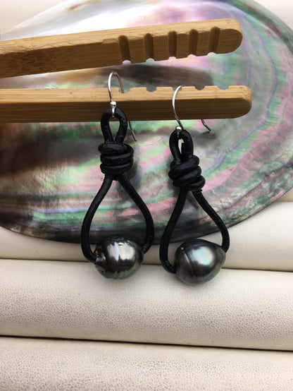 Big Green Black Tahitian Sea Pearl and Leather dangle Earrings- Real leather - Select Leather Color - Le51-008