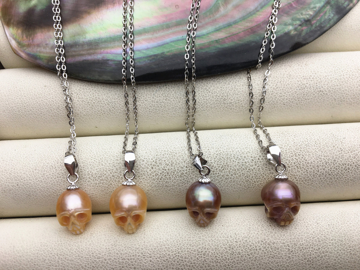 AAA 8mm white/pink/purple/gray/black handmade carved skull freshwater pearl pendant necklace, S925 Sterling silver pendant, NC1-012-9