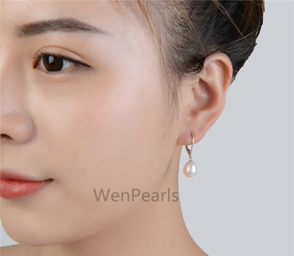 9mm white rice pearl dangling earrings, bridesmaid earring, genuine pearl for wedding anniversary, pearl with france hoop, SE3-074