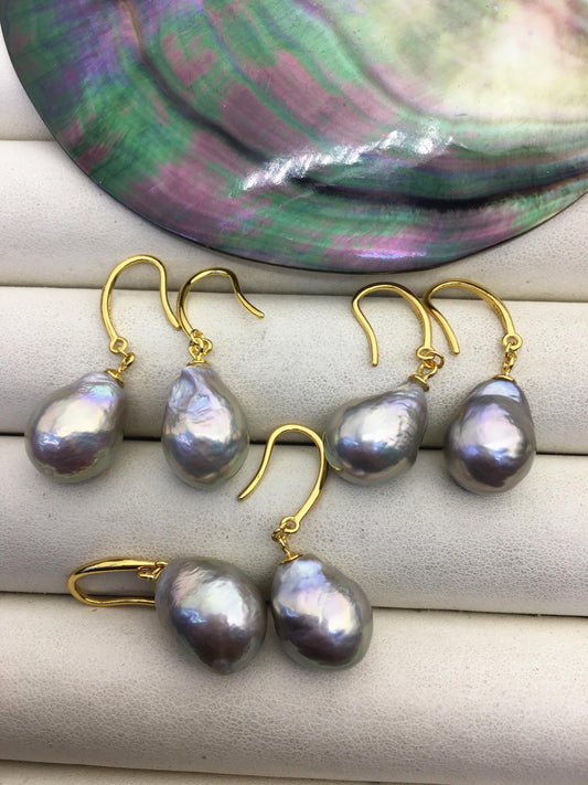 AAA 11-13mm gray bronze rainbow drop edison pearl dangle earrings, yellow gold S925 Sterling Silver earrings, wedding pearl earrings, SE3-T9-33