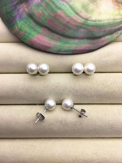 AA+ 7-7.5mm white round freshwater pearl stud earrings,sterling silver metal,SE3-004