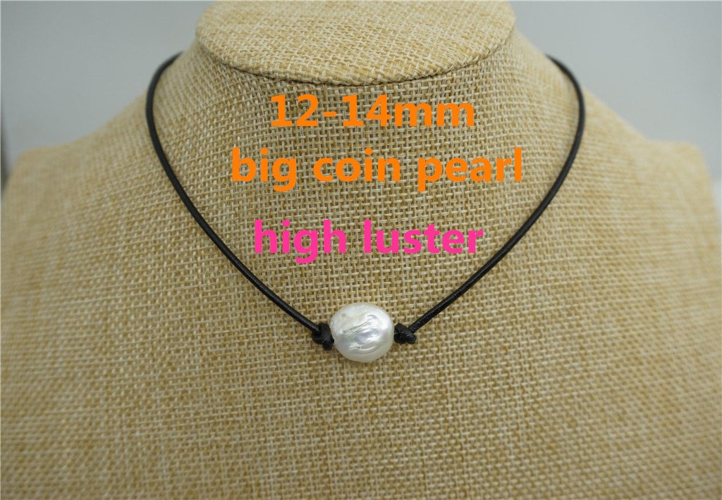 Big Coin pearl, 12-14mm, Leather Pearl Choker, Pearl Leather Necklace, White Freshwater pearl, Black Leather Pearl necklace, Le1-066
