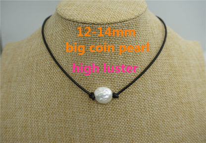 Big Coin pearl, 12-14mm, Leather Pearl Choker, Pearl Leather Necklace, White Freshwater pearl, Black Leather Pearl necklace, Le1-066