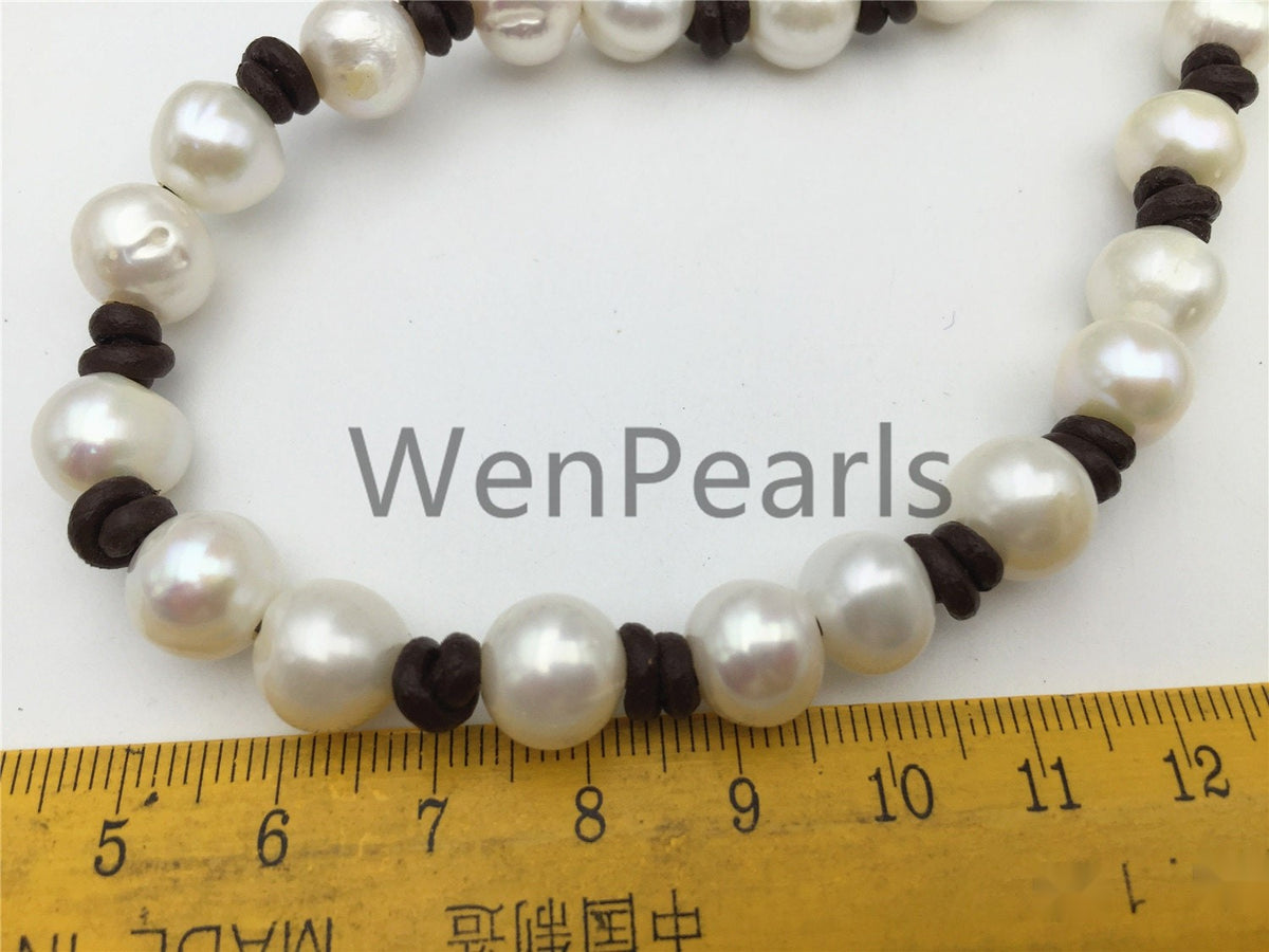 Freshwater Pearl and leather necklace, leather hand knotted necklace, Genuine Freshwater Pearl Necklace, white pearl necklace, wholesale, Le4-011