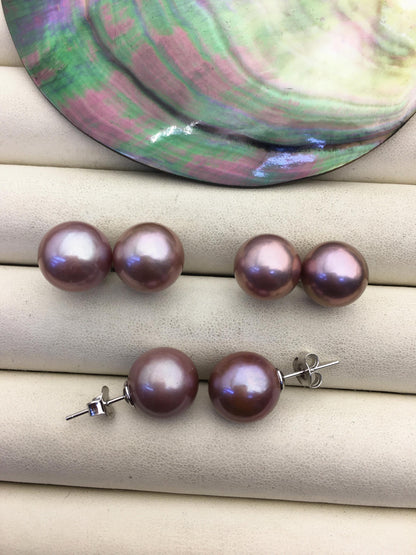 1 pair AAA 12-13mm purple round edison pearl stud earrings, S925 Sterling Silver stud earrings, wedding pearl earrings, SE3-T9-49