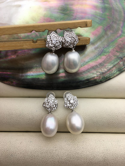 AAA 9mm White rice pearl cz stud earrings,zircon S925 Sterling Silver pearl earrings,pearl for women for girl,SE3-102