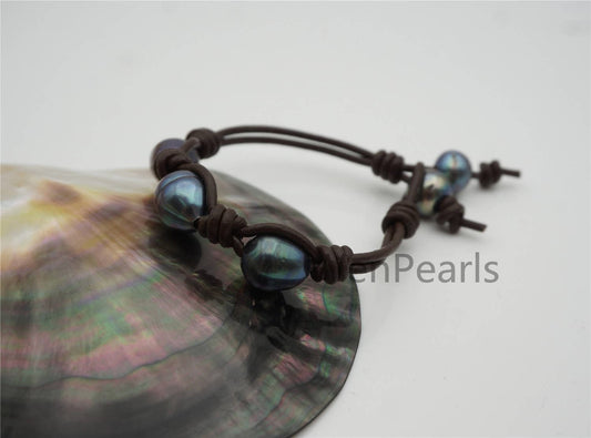 Deep Blue Big Rice pearl bracelet, Leather Pearls Bracelet, Handmade Cuff, white Pearls on Tan Leather, genuine freshwater pearl, Le7-156