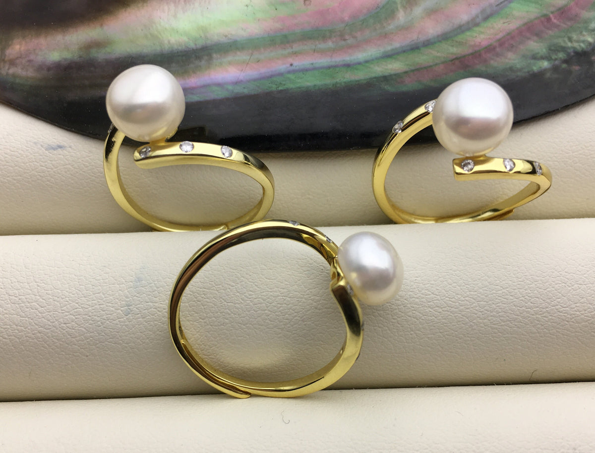 1pc AAA white Pearl Genuine Sterling silver ring, Silver Gold wedding rings for women, sterling silver 925 open ring jewellery, R1-007