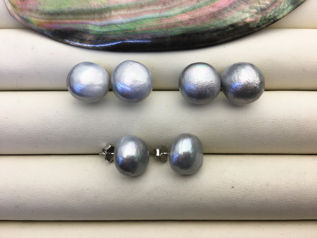 2 pairs AA+ 12.5-13mm big gray Thick skin button round Pearl Stud Earrings, freshwater pearl earrings, classic pearl studs, SE1-069-31