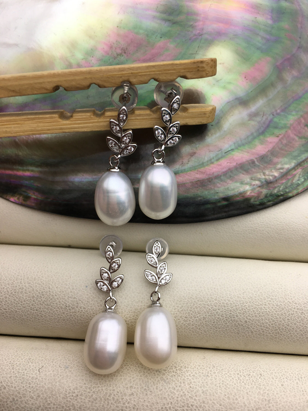 AAA 9mm White rice pearl Leaf cz stud earrings,S925 Sterling Silver pearl earrings,pearl for women for girl,SE3-103
