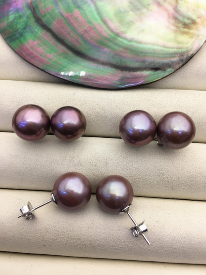 1 pair AAA 12-13mm natural deep purple edison round pearl stud earrings,SE3-T9-44