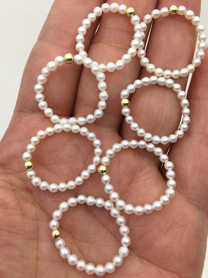 2pcs Fashion AAA 2.5-3mm tiny white near round pearl 14k goldfilled gold ball elastic ring,R1-002