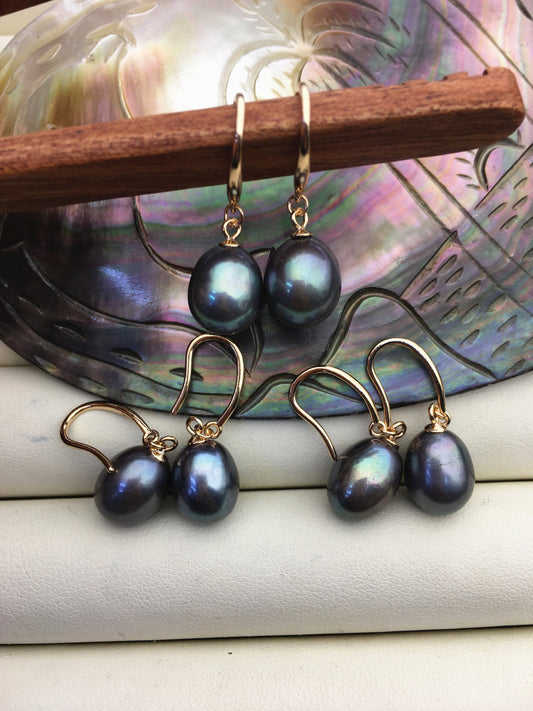 1 pair AAA 9.5-10mm green blue rice pearl dangle earrings,rose gold plated S925 Sterling Silver pearl earrings,SE3-T24