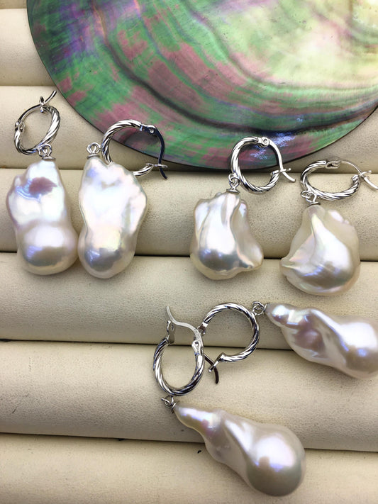 1 pair AAA 13-17mm white flame ball pearl hook earrings, sterling silver, earring with white baroque Natural Pearl, SE3-031-20