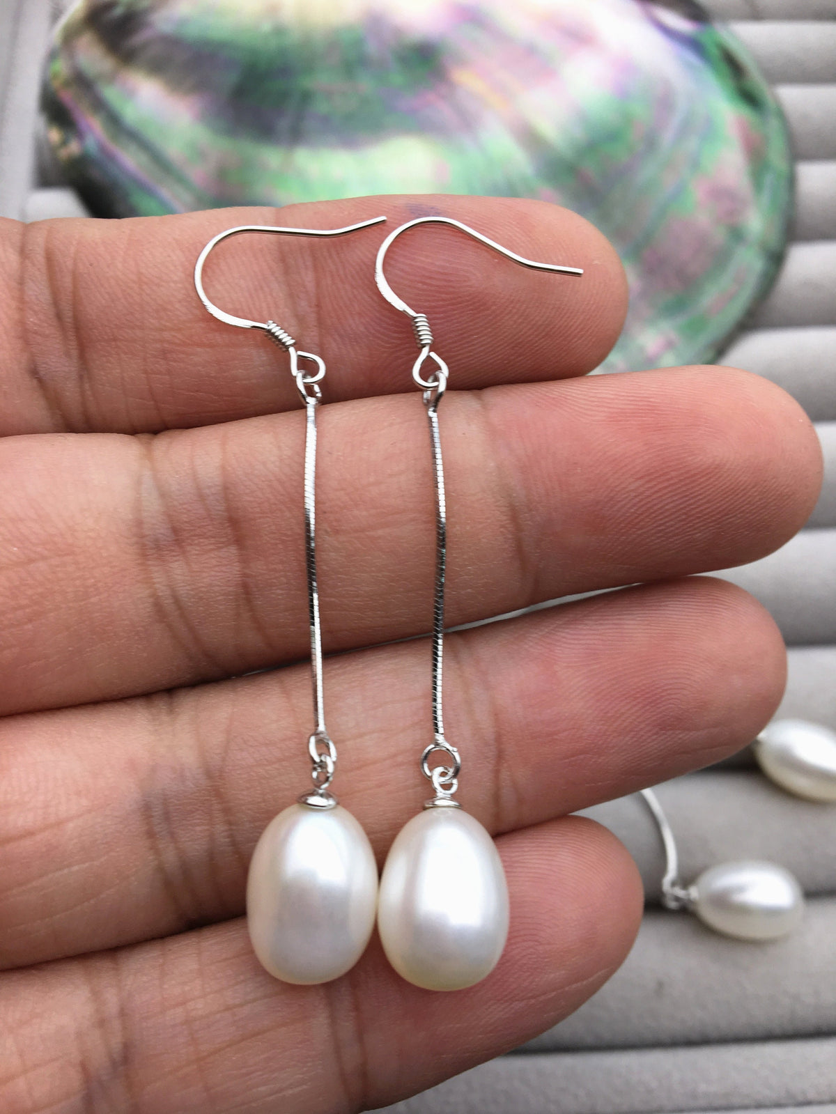 AAA White rice pearl Tassels dangle earrings,S925 Sterling Silver pearl earrings,pearl for women,SE3-142