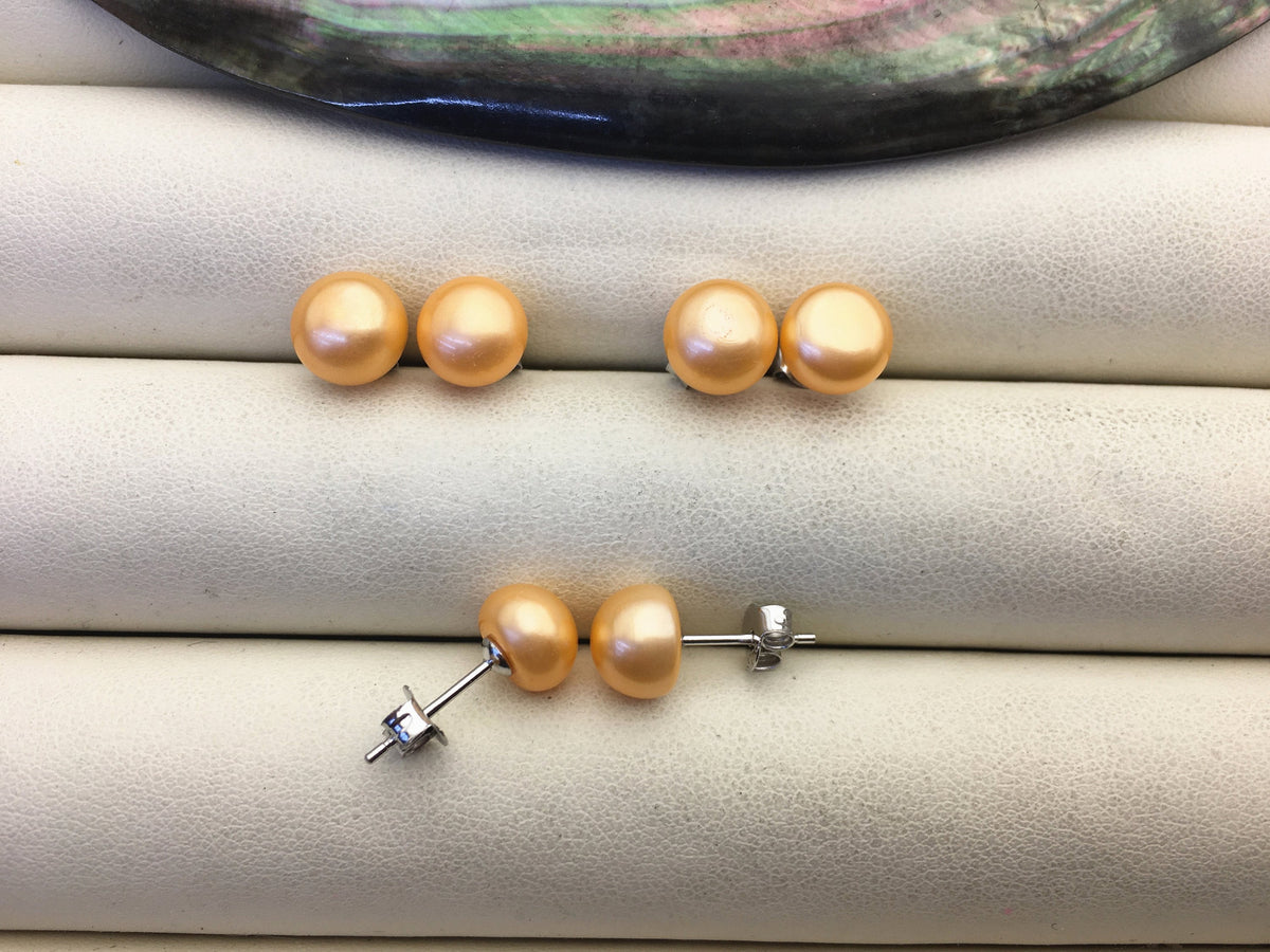 AAA 8-8.5mm orange pearl stud earrings,Sterling Silver,SE1-071