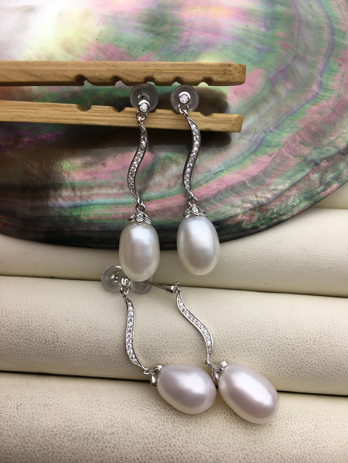AAA 9mm White rice pearl cz stud earrings,zircon S925 Sterling Silver pearl earrings,pearl for women for girl,SE3-106