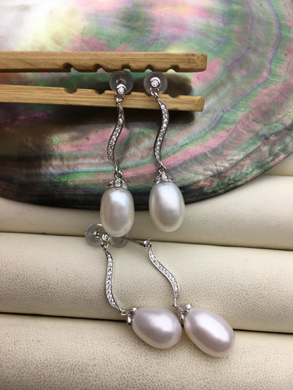 AAA 9mm White rice pearl cz stud earrings,zircon S925 Sterling Silver pearl earrings,pearl for women for girl,SE3-106