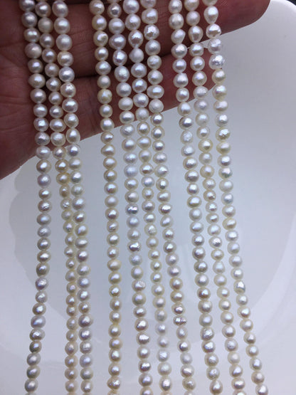 AA 4-4.5mm white thick skin near round potato freshwater pearls, white round pearl, full strand, round pearl strands, pearl wholesale, RP4-T2