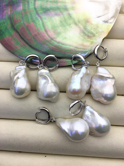 1 pair AAA 13-17mm white flame ball pearl hook earrings, sterling silver, earring with white baroque Natural Pearl, SE3-031-22