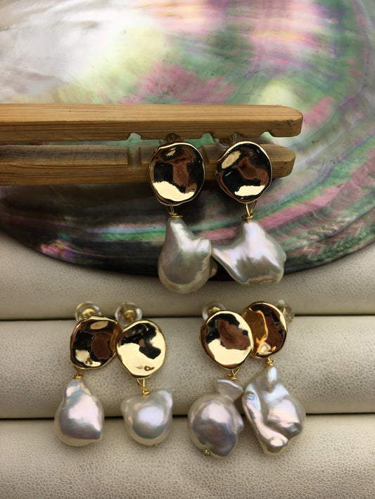 AAA Natural White Flameball baroque freshwater pearl stud earrings,wedding pearl earrings,SE3-131-89