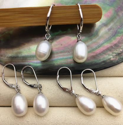 9mm white rice pearl dangling earrings, bridesmaid earring, genuine pearl for wedding anniversary, pearl with france hoop, SE3-074