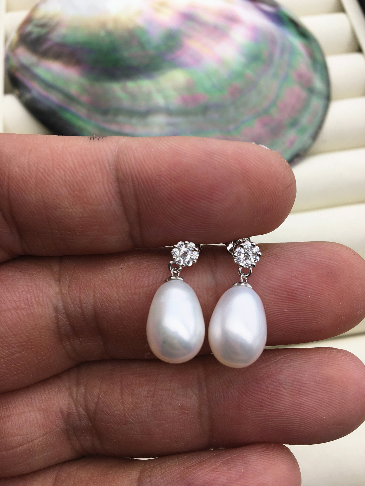 AAA 9mm White rice pearl flower cz stud earrings,S925 Sterling Silver pearl earrings,pearl for women for girl,SE3-146