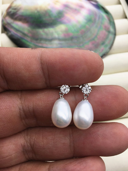 AAA 9mm White rice pearl flower cz stud earrings,S925 Sterling Silver pearl earrings,pearl for women for girl,SE3-146