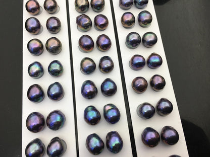 10pairs AAA 11-12mm Black Blue Rainbow baroque drop edison freshwater pearl Pair,top half hole,ED11-3A-2-24