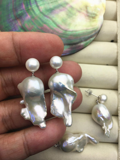 1 pair AAA 14-19mm flame ball pearl diamond stud earrings, sterling silver, earring with white baroque Natural Pearl, SE3-031-31