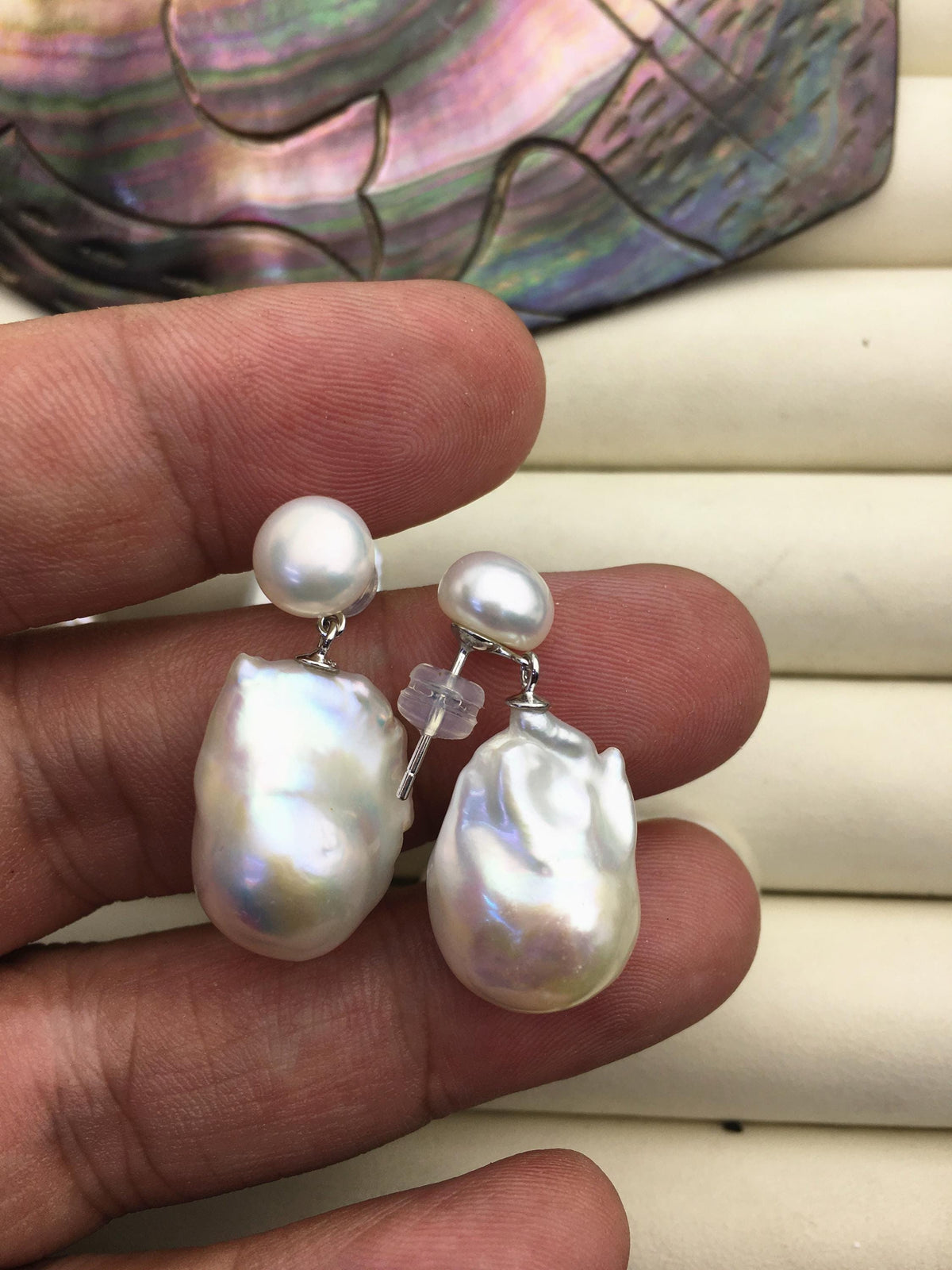 1 pair AAA 13-16mm flame ball pearl diamond stud earrings, sterling silver, earring with white baroque Natural Pearl, SE3-031-8