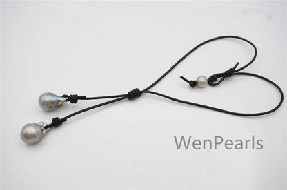 Two Gray Flame ball pearl and leather necklace, Baroque Freshwater Pearl Drop Necklace, Flaming ball pearl necklace, wholesale, Le4-058